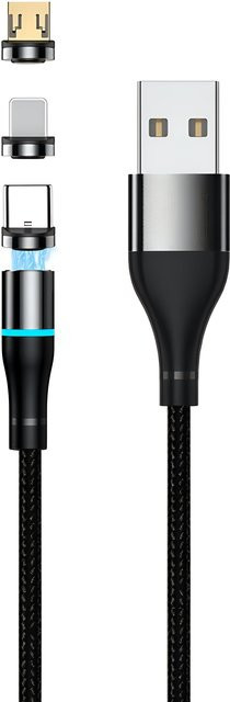 Setty Magnetic 3in1 Ladekabel USB-A auf Lightning, Micro-USB und USB-C, 10W, 1m, Schwarz - Bild 1