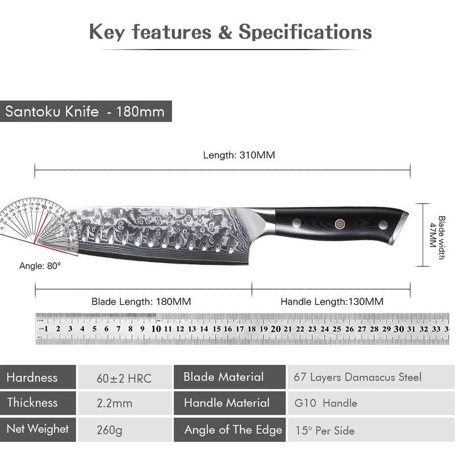 MOSTODOZO Santoku-Messer aus 67-lagigem Damaststahl, 7 Zoll (17,78 cm), Silber - Bild 4