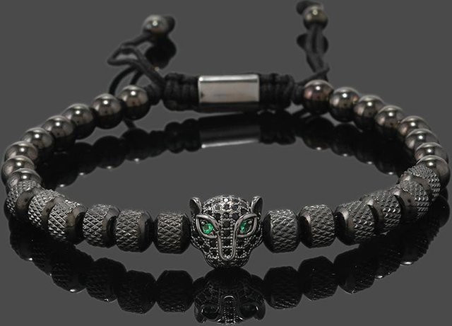 Rui Di Herrenarmband, Leopardenkopf, Edelstahlperlen, Schwarz - Bild 1