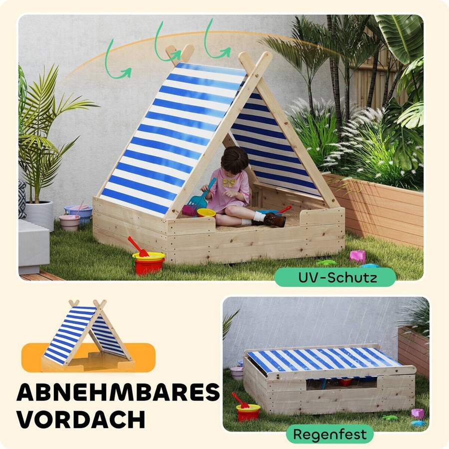 AIYAPLAY Sandkasten in Holzoptik mit gestreiftem Design, B/H/L: 120 x 126,5 x 120 cm - Bild 3