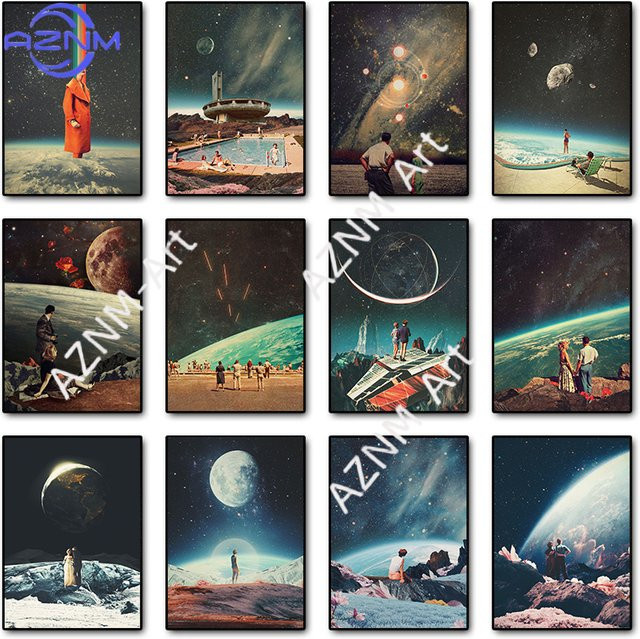 KAYOU Vintage Surreal Space Futurism Leinwandgemälde, abstrakte Galaxie Wandkunst in Multicolour - Bild 1