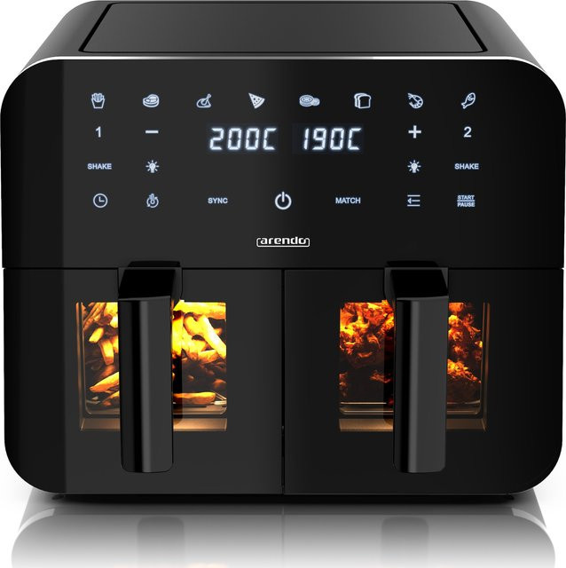 Arendo Heißluftfritteuse XXL Doppelkammer Airfryer mit Dual Zone, 9 L, 2400 W, Schwarz, Sichtfenster mit Beleuchtung, Digital Display und 3D Umluftsystem - Bild 1