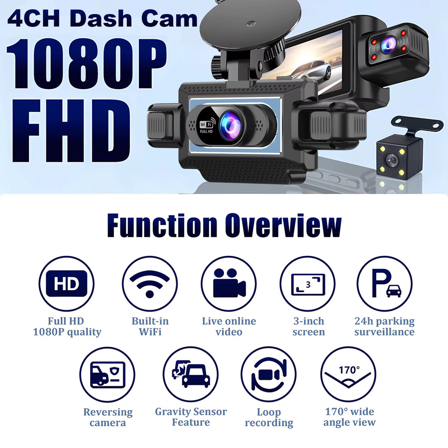 OLESED 4-Kanal Auto DVR Dashcam mit WLAN und 4 Full HD 1080P Kameras, Videorekorder mit Nachtsicht und 24H Parküberwachung, Schwarz - Bild 3