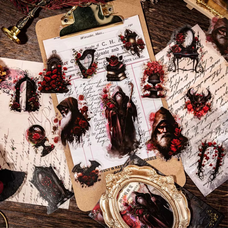 30 Stück Gothic Dark Retro Aufkleber mit gruseligen Totenkopf-Elementen in Multicolour für deine Collage - Bild 3