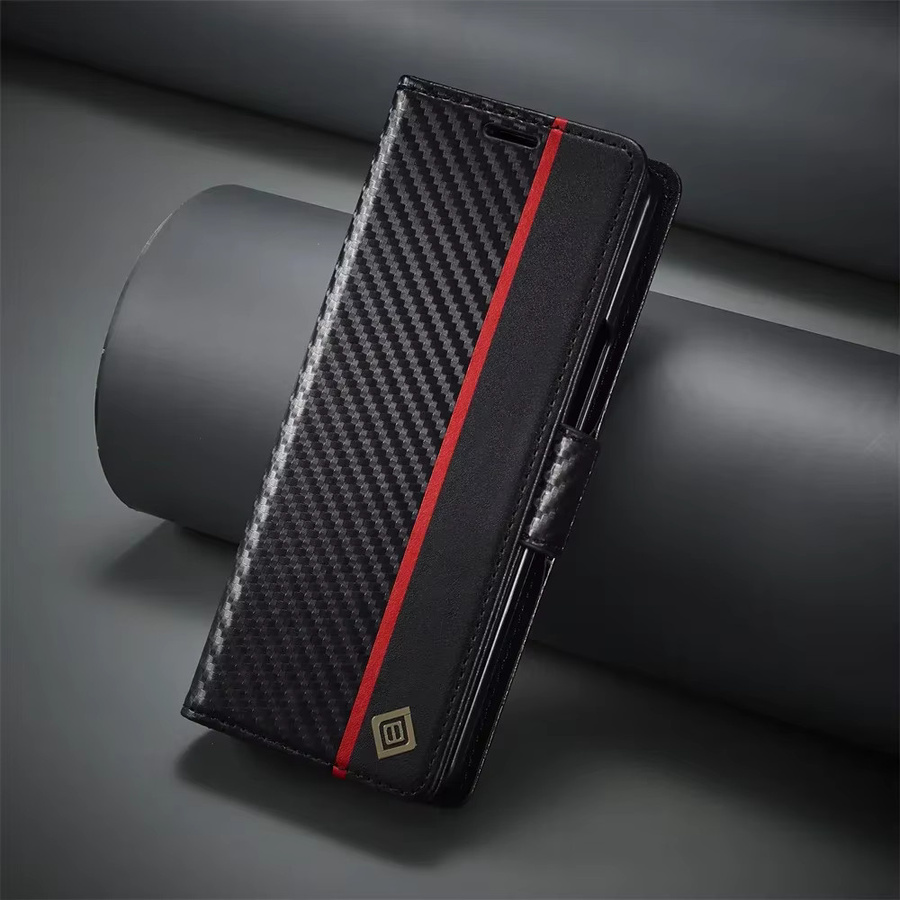 Samsung Flip Wallet Handyhülle aus Carbon Fiber und PU Leder mit Kartenhalter für Galaxy Z Fold 7 6 5 4 3 5G in Schwarz - Bild 2