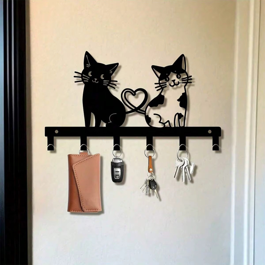 CIFBUY Brand Double Cat Schlüsselhalter zur Wandmontage aus schwarzem Metall mit Herz-Design und Aufbewahrungsregal - Bild 3