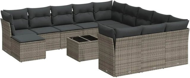 vidaXL 13-tlg Garten-Sofagarnitur in L-Form aus grauem Poly-Rattan mit Kissen und pulverbeschichtetem Stahlgestell - Bild 1