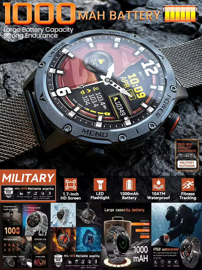 GUHUAVMI Smartwatch, Herren, Schwarz, Edelstahl, 10 ATM, 1,7" Display - Bild 5