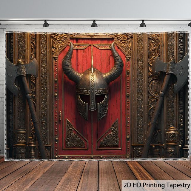 Wikinger Wandteppich JMG Household Supplies mit Kampfbeil und Helm in Rot und Gold, Nordische Krieger-Dekoration als HD Digitaldruck, Breite: 100 cm, Höhe: 70 cm - Bild 1