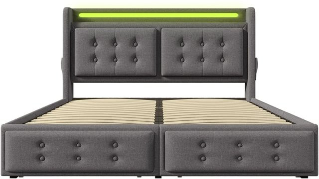 okwish Polsterbett Grau mit LED-Kopfteil, USB-Anschluss und Bettablage, B/T/H: 140 x 200 x 106 cm - Bild 1