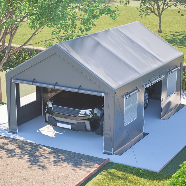 THANADDO Carport-Garagenzelt Allwetter-Unterstand mit Aufrolltüren und Netzfenstern, Grau, B/T/H: 396,2 x 325,0 x 300,0 cm - Bild 1