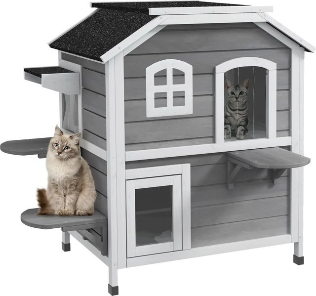 PawHut Katzenhaus aus grau lackiertem Tannenholz mit 2 Etagen und wetterfestem Dach, B/T/H: 78 x 55,5 x 91 cm - Bild 1