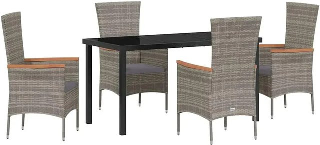 vidaXL Garten Essgruppe aus Poly Rattan und Akazienholz mit Kissen, 5-teilig, Grau - Bild 1