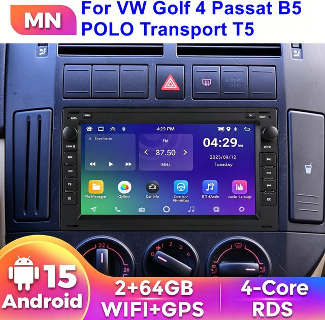 MEKEDE & Navifly Android 15 Autoradio mit 7 Zoll Display, Carplay und GPS für VW Passat B5, Golf 4, Polo, Bora, Jetta und T5, Schwarz - Bild 1