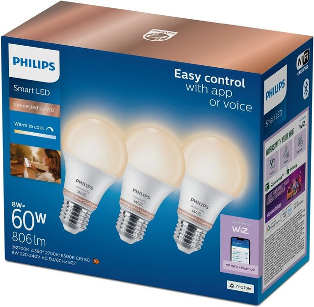 Philips WiZ LED WLAN Leuchtmittel E27 3er Set, Glühlampenform A60, 8 W, 2700 K, Weiß - Bild 1