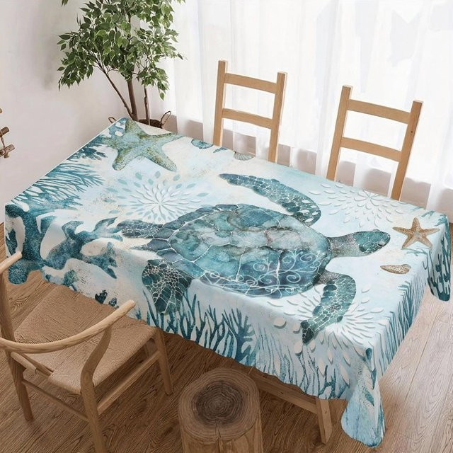 Wasserdichte quadratische Tischdecke von JINGYUE Pet mit Ozean-Motiv Schildkröte und Seestern in Blau, B/B: 140 x 140 cm - Bild 1