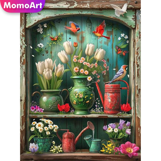 Momoart Diamant-Mosaik Blumenmalerei Tulpe und Gänseblümchen als Strass-Stickerei für Anfänger, Multicolour, B/H: 30 x 30 cm - Bild 1