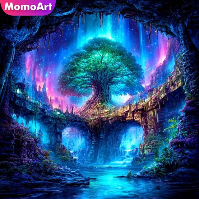 Momoart DIY Diamantmalerei Abstrakte Landschaft mit Baum als Rundes Diamant-Mosaik Bild in Multicolour - Bild 1