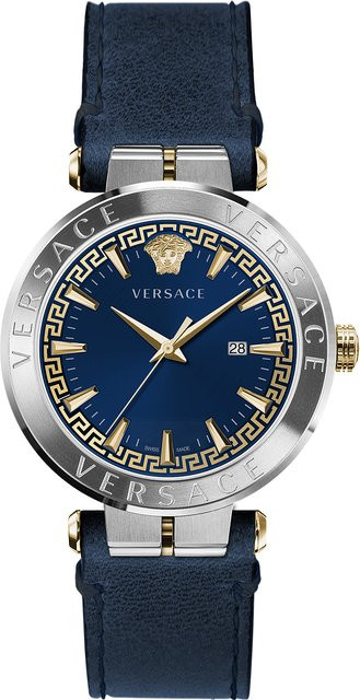 Versace Herrenuhr, Quarz, Edelstahl, Blau, Leder, 44 mm, 5 ATM - Bild 1