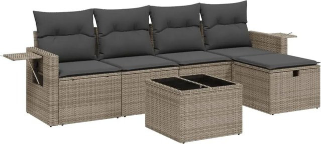 vidaXL 6-teilige Garten-Sofagarnitur in L-Form mit Polsterkissen und Couchtisch, Grau, Poly Rattan und Metallrahmen - Bild 1
