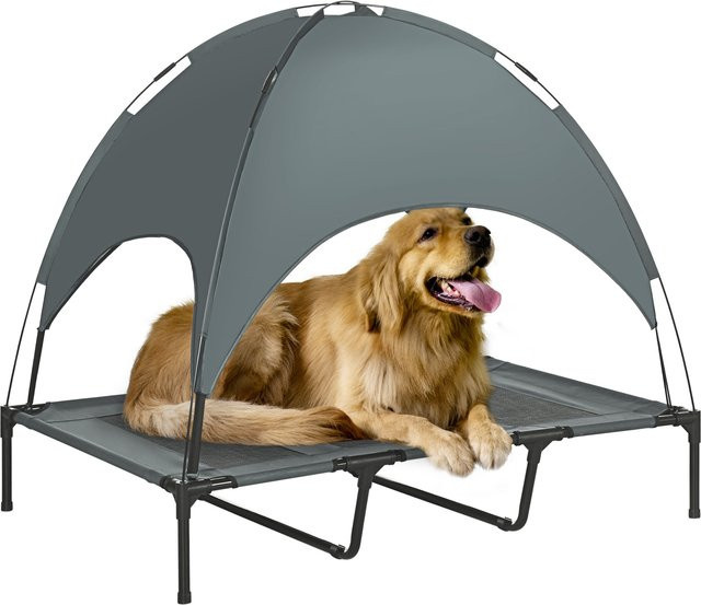 PawHut Hunden- und Katzenkampfbed mit Sonnenschirm, atmungsaktives Stoffbett mit UV-Schutz und Metallrahmen, Grau - Bild 1