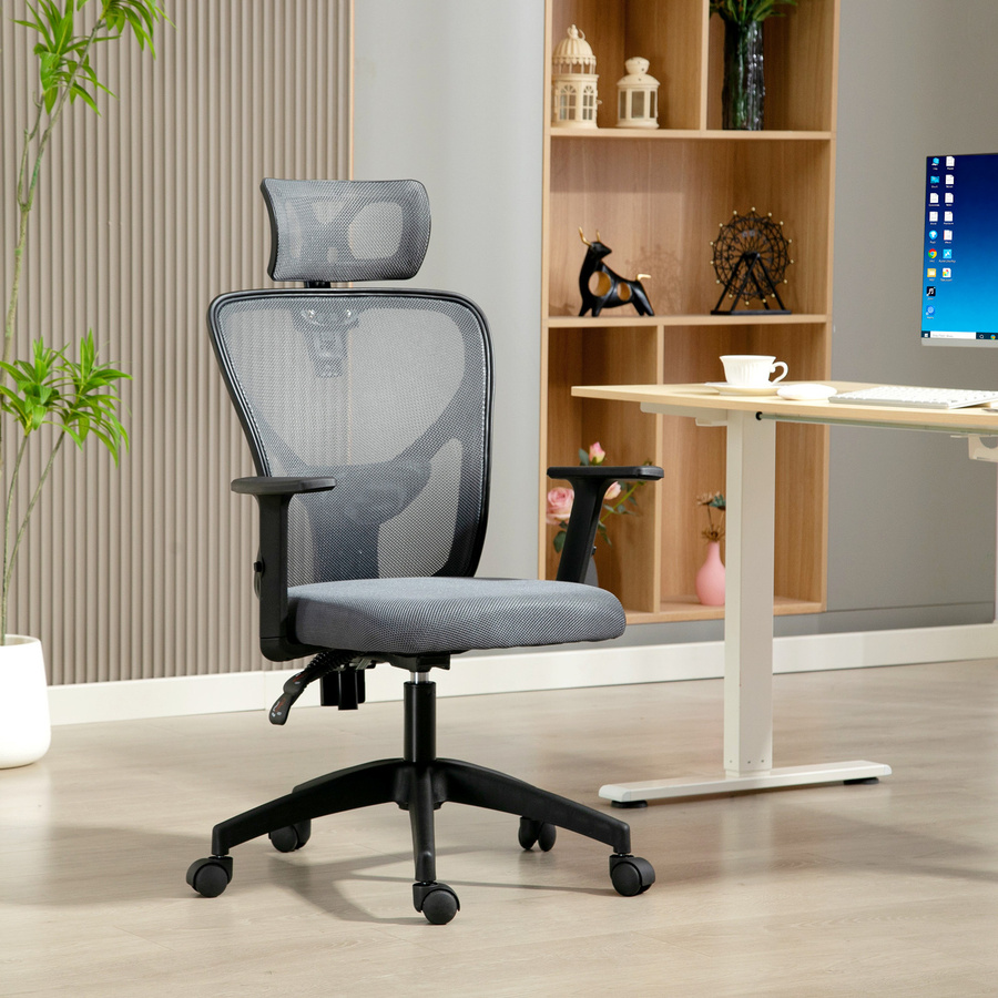 Vinsetto Ergonomischer Bürostuhl Dunkelgrau mit verstellbarer Kopfstütze, höhenverstellbarer Rückenlehne und gepolsterter Sitzfläche, Höhe: 106-116 cm - Bild 2