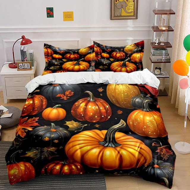 Cozy Silk Bettwäsche Set mit Kürbis und Herbstlaub Muster, Orange/Mehrfarbig, B/H: 200 x 220 cm - Bild 1