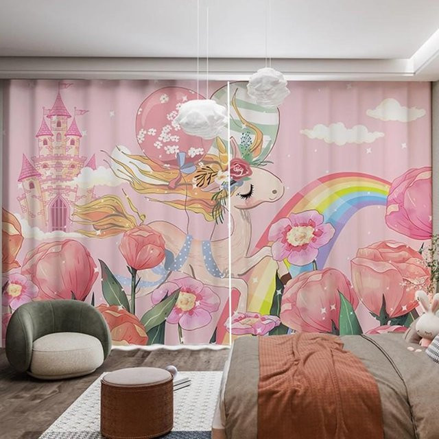 2er-Set Vorhangpaneele für Kinderzimmer mit Einhorn und Regenbogen-Print, Rosa, B: 50 cm, H: 100 cm - Bild 1