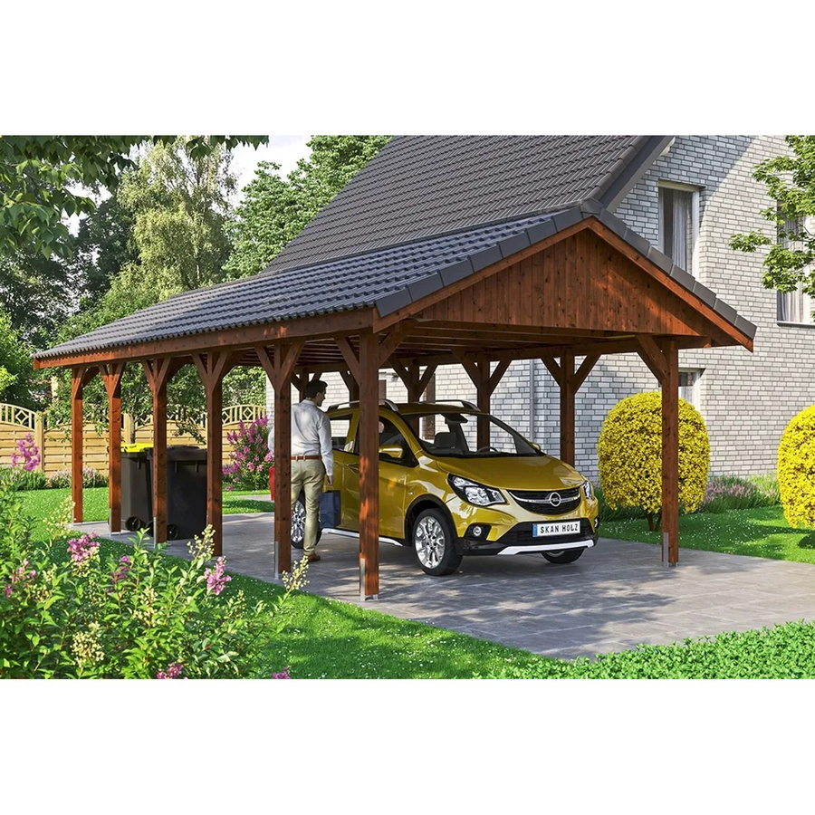 Skan Holz Carport Wallgau Satteldach aus Nadelholz in Braun mit Dachziegeln B/T: 430 x 900 cm, Höhe: 326 cm - Bild 2