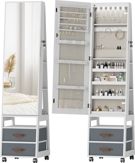 HOMCOM Schmuckschrank mit LED-Innenbeleuchtung und Ganzkörperspiegel, 360 Grad drehbar mit Rollen, offene Ablagen und Stoffschubladen, Weiß - Bild 1