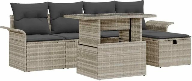 vidaXL Garten-Sofa-Set aus Polyrattan in Grau mit 6 Teilen und Kissen - Bild 1