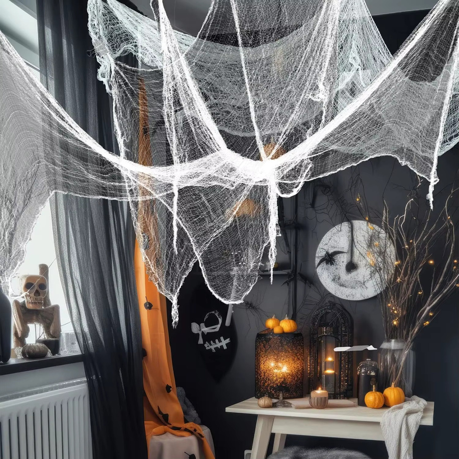Trebalena Halloween-Dekoration Gruselige Gaze in Schwarz als dehnbares Spinnennetz für Innen und Außen - Bild 4