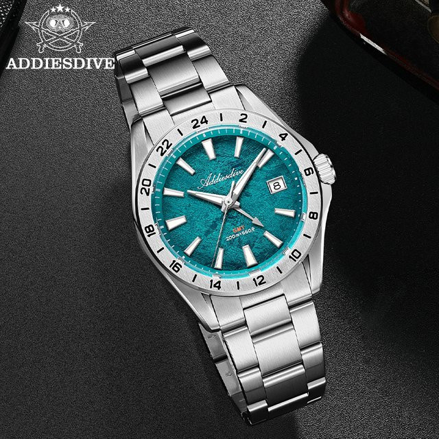 ADDIESDIVE GMT-Uhr, Quarz, Edelstahl, Saphirglas, Schwarz, Herren - Bild 1