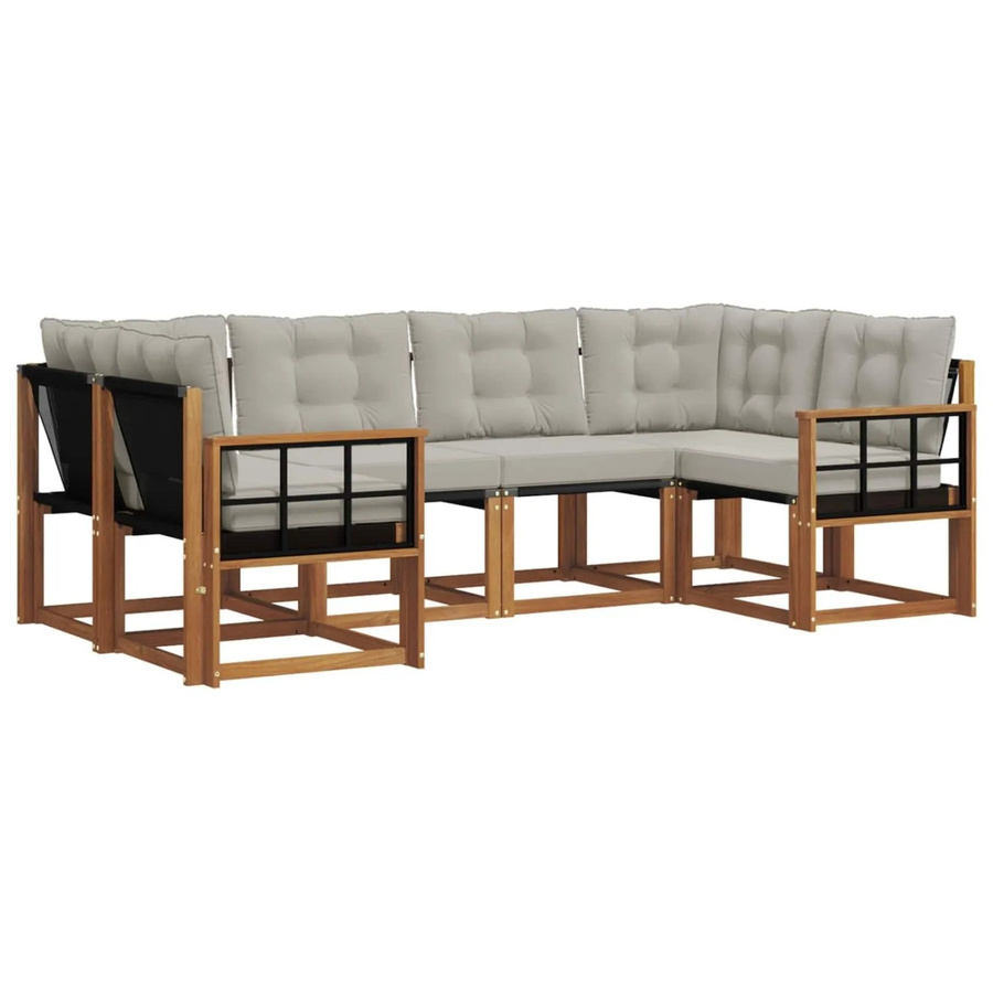 vidaXL Outdoor-Sofagarnitur 6-teilig L-Form aus Akazienholz und Textilene in Natur und Hellgrau mit UV-beständigen Kissen - Bild 2