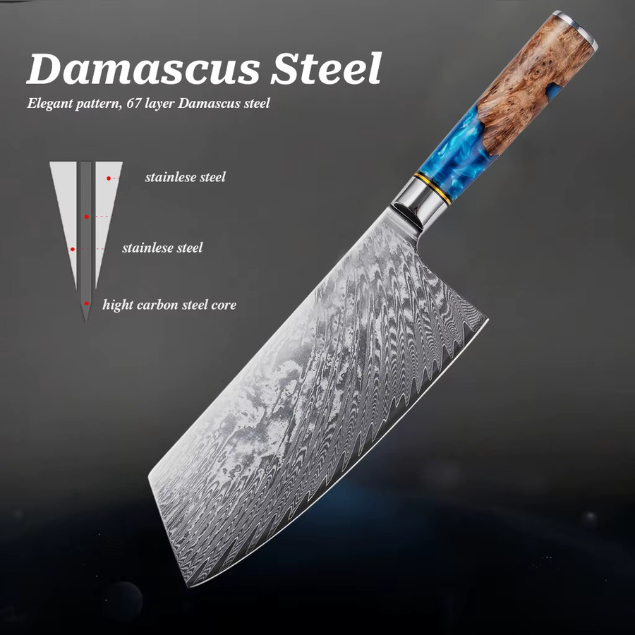 Baovim Profi Küchenmesserset aus Damaststahl mit blauem Harz-Holzgriff, 1–8 Stück Set zum Schneiden von Fleisch, Sushi und zum Schälen - Bild 3