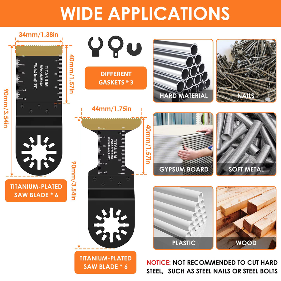 Hands DIY 12-teiliges Multitool-Sägeblatt-Set aus Titan und Bimetall, Mehrzweck-Oszillierende Sägeblätter für verschiedene Schneidarbeiten, 1,34/1,73 Zoll - Bild 2