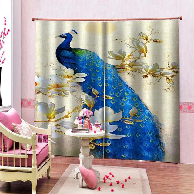 Yiran Furniture Verdunkelungsvorhänge mit Pfauenfeder und Blumenmuster in Grün und Multicolour, 2er-Set, Breite: 55 cm, Höhe: 120 cm - Bild 1