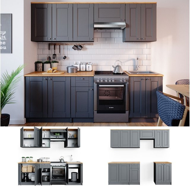 Vicco Küchenzeile Bergamo Landhaus Einbauküche in Grau Matt, Breite: 240 cm - Bild 1