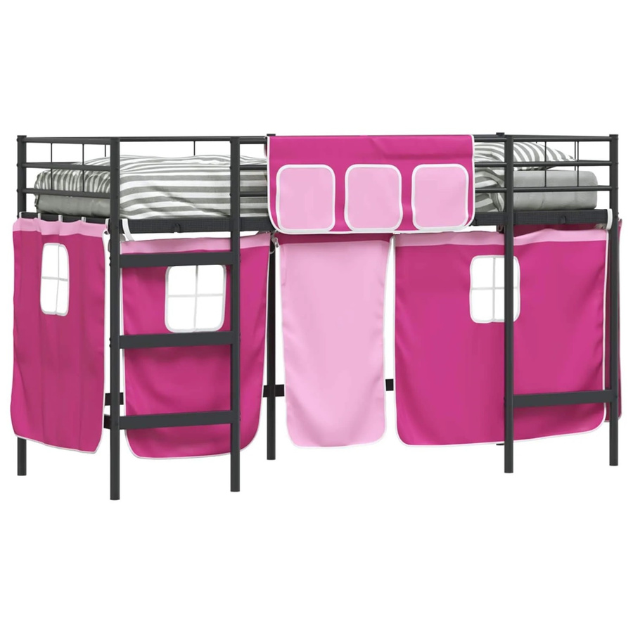vidaXL Kinder Loft Bettgestell aus Metall mit Vorhängen in Schwarz und Pink - Bild 2