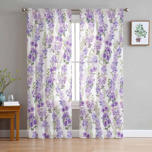 Semi-transparente Tüll-Voile-Vorhänge mit Glyzinien-Blumen-Aquarell-Design in Lila, Breite: 135 cm, Höhe: 215 cm - Bild 1