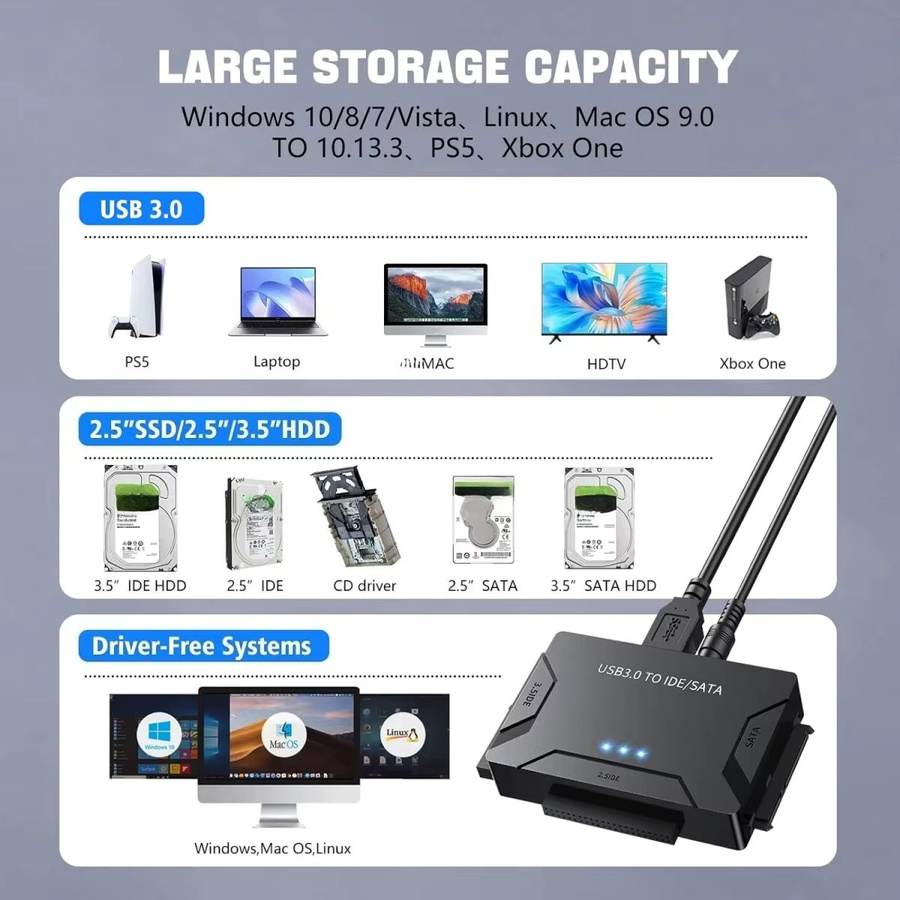 Congdi USB 3.0 SATA-Adapter für 2,5 und 3,5 Zoll SSD und HDD in Schwarz - Bild 6
