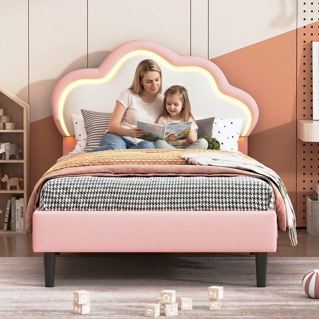 Superaly Kinderbett mit wolkenförmigem Kopfteil in Pink, Einzelbettgestell aus PU-Leder mit höhenverstellbarem Kopfteil und Lattenrostunterstützung, B/T/H: 90 x 200 cm - Bild 1