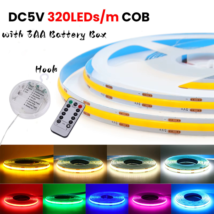 KISUFU COB LED-Lichtstreifen RGB mit Fernbedienung, batteriebetrieben, 5V, selbstklebend, Multicolor (Blau, Weiß, Gelb, Rot) - Bild 5
