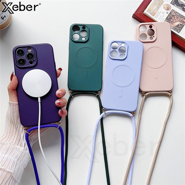 Xeber Crossbody Lanyard Magnethülle aus Flüssigsilikon für iPhone mit Halskette und MagSafe Unterstützung in Weiß und Lila - Bild 1