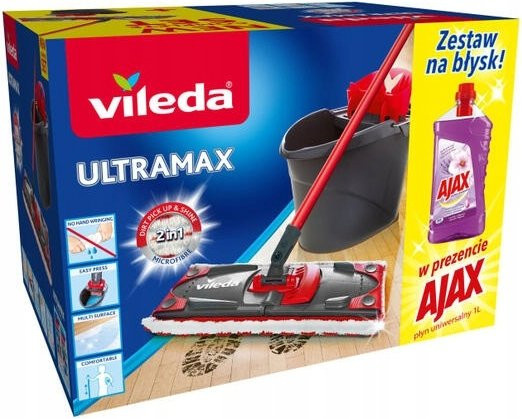 Vileda Flachmopp aus Mikrofaser mit Eimer und Quetscher in Rot inklusive Ajax Reiniger - Bild 1