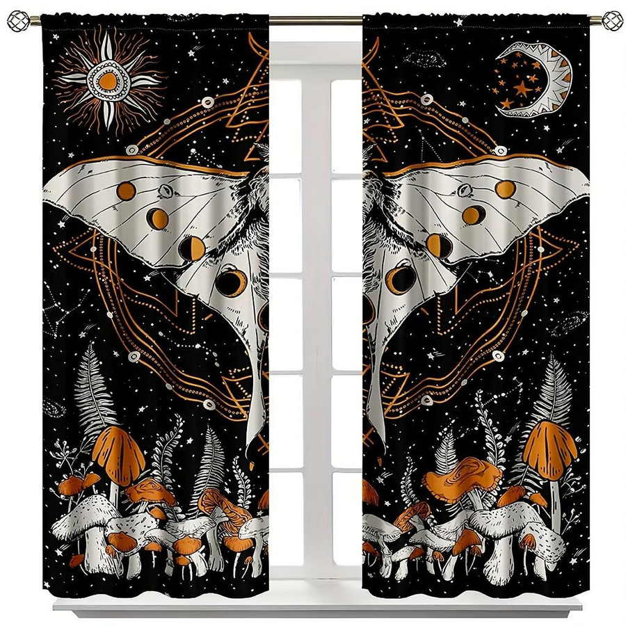 2er-Set Sonne und Mond Fenstergardinen in Gelb und Multicolour, semi-transparente Astrologie-Fensterdekoration mit Mondphasen-Motiv für Schlafzimmer, Breite: 210 cm, Höhe: 230 cm - Bild 2