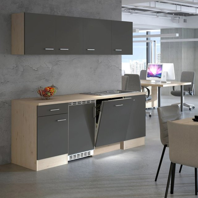 Flex-Well Exclusiv Büroküche Morena in Basaltgrau matt und San Remo Eiche hell, Breite: 210 cm, Tiefe: 60 cm, Höhe: 85 cm - Bild 1