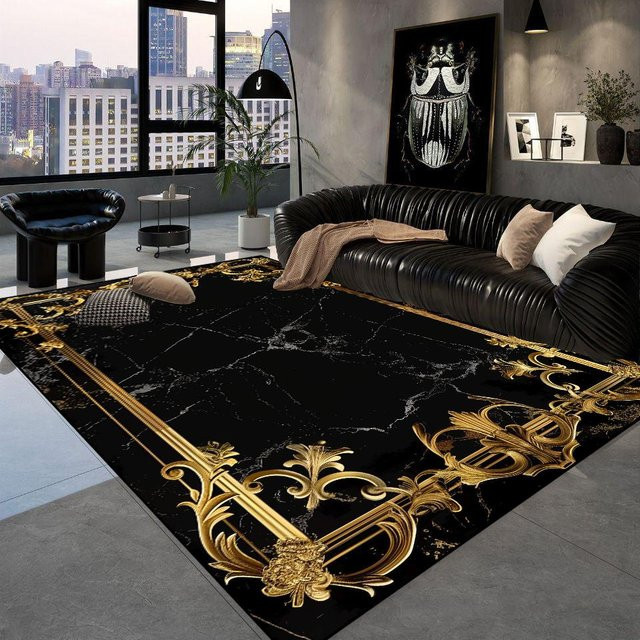 JGJG Teppich in Schwarz-Gold mit geometrischem Design, rutschfest und waschbar, Flanell, B x T: 90 x 60 cm - Bild 1