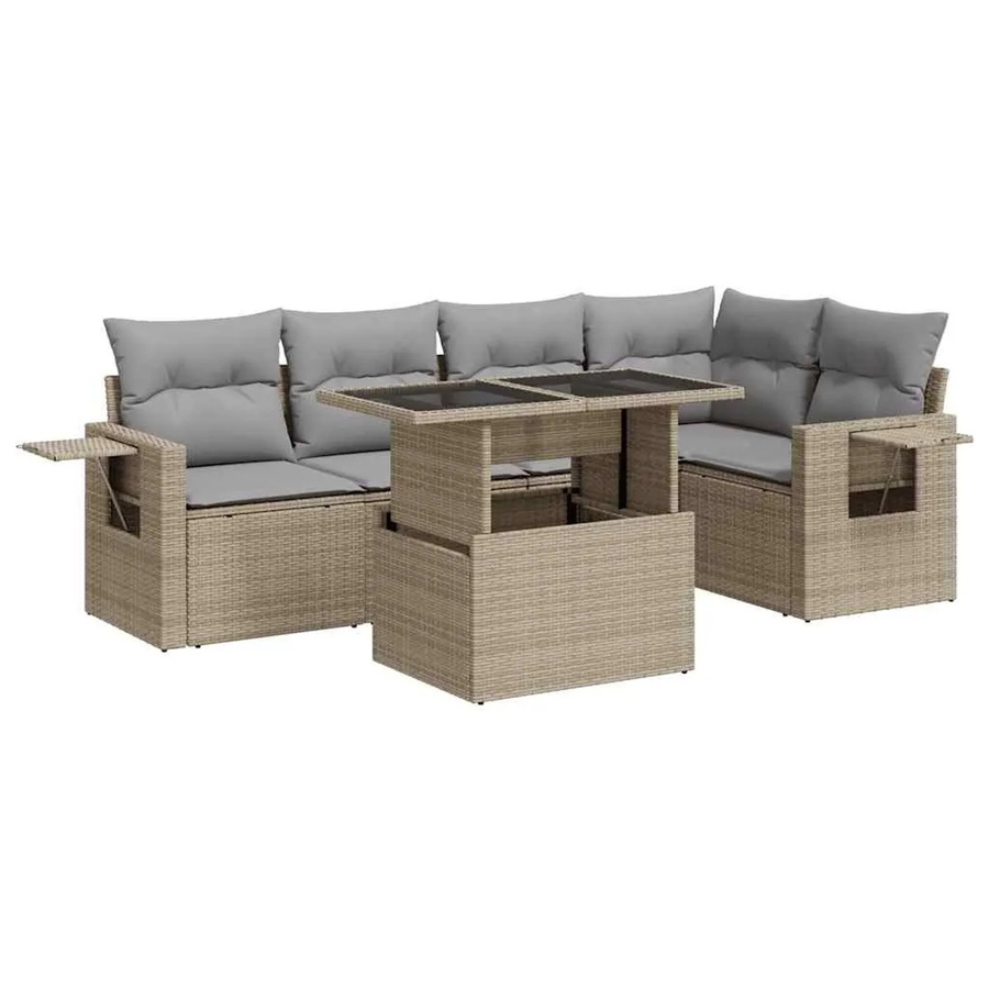 vidaXL 6-teilige Garten-Sofagarnitur in L-Form aus Poly-Rattan mit Kissen in Beige-Grau - Bild 2
