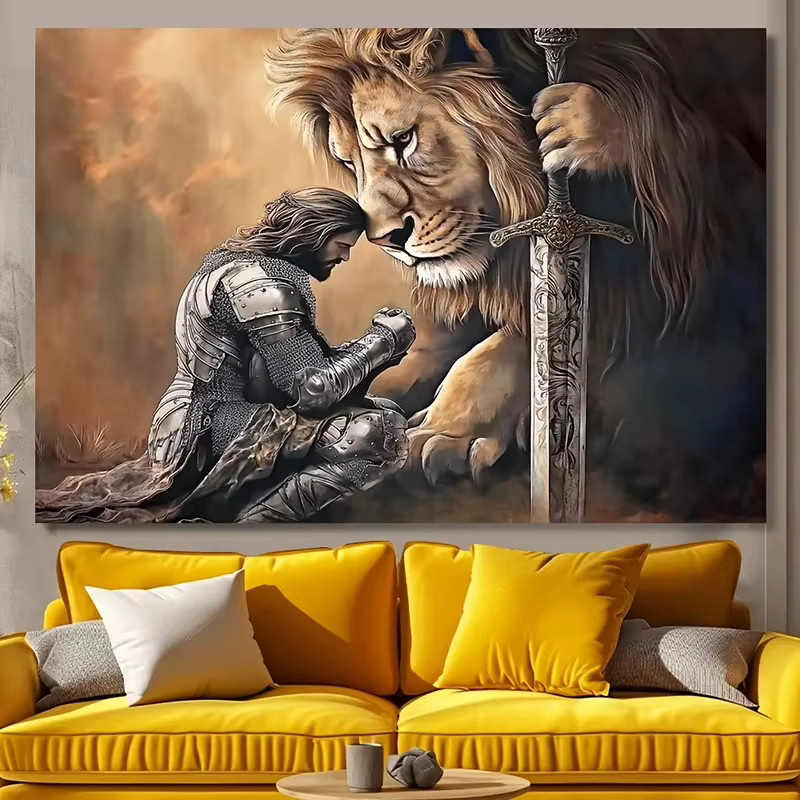 VIKAMA Wandteppich mit Ritter und Löwe im Vintage-Fantasy-Stil, Mehrfarbig - Bild 2